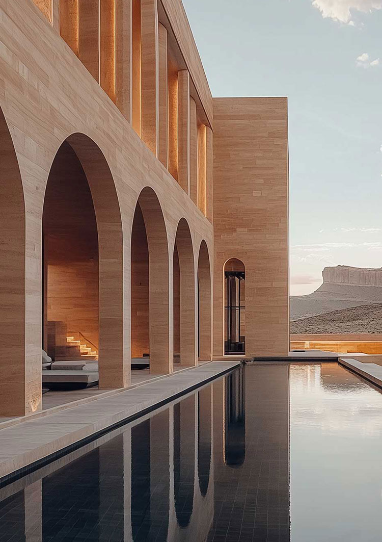 Elegant modern architecture with tall arches and illuminated interiors reflected in a tranquil pool; desert landscape visible in the background.