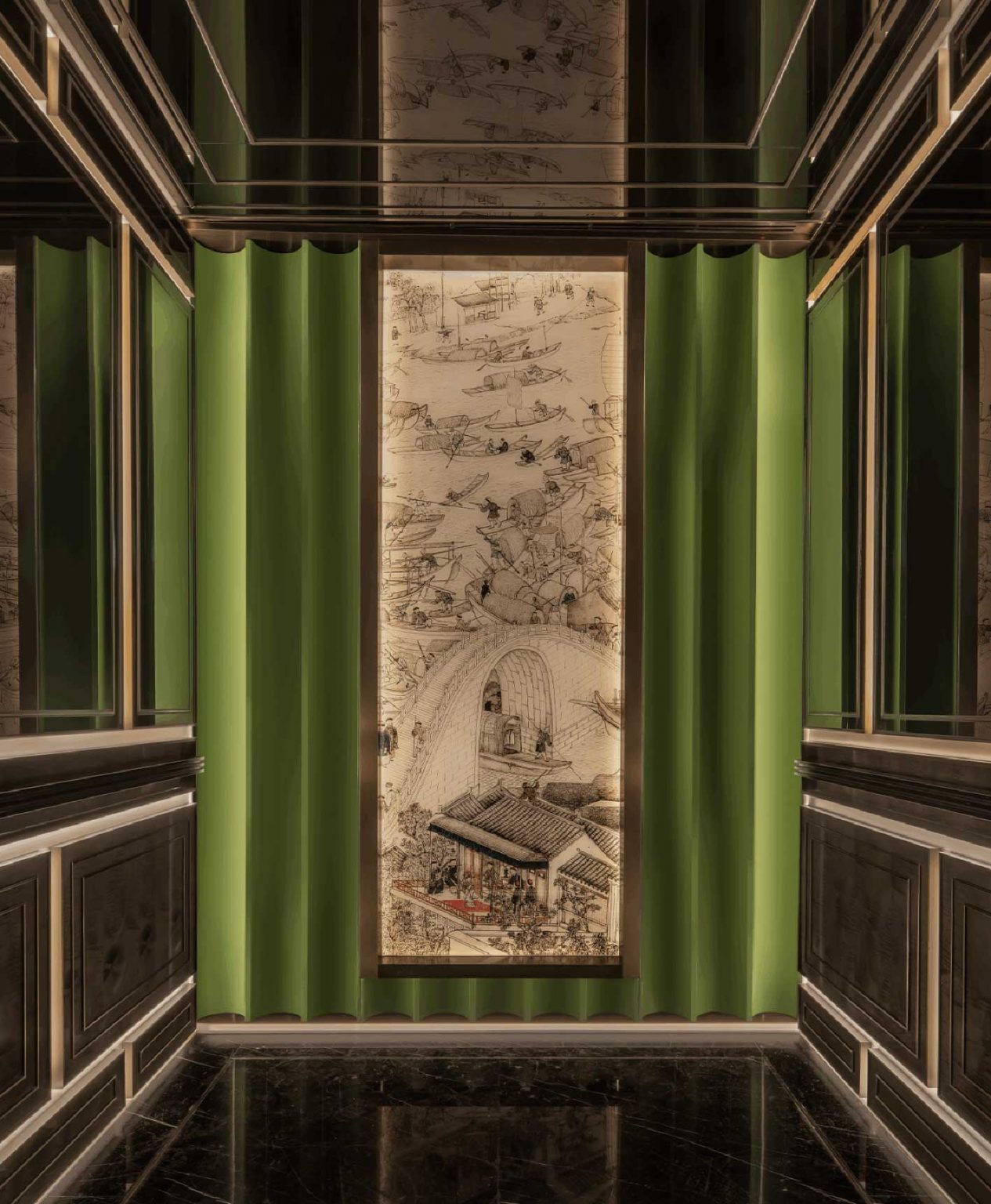 A lift car designed with moody lighting, and a tapestry-like art piece