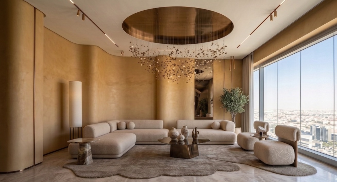 Outdoor seating area with beige and orange furniture, wooden chairs, and small round tables on a sunny patio. Steps lead to a potted plant and greenery.