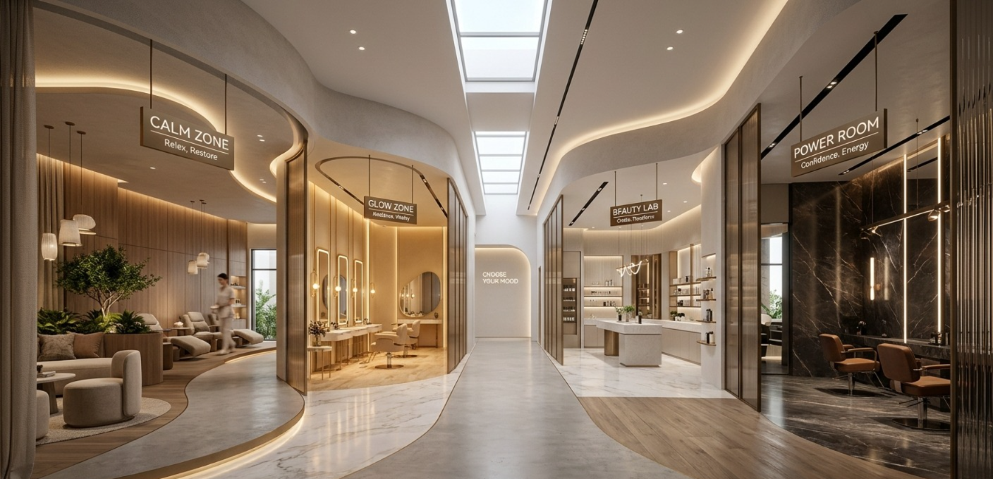 Twilight scene of a luxurious hotel courtyard with palm trees and warm lighting reflecting in a large, tranquil pool, creating a serene and elegant atmosphere.