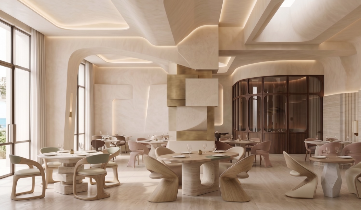 Curved modern balconies overlook a serene beach and calm ocean. Glass railings and cozy furniture evoke relaxation and luxury amidst lush palm trees.