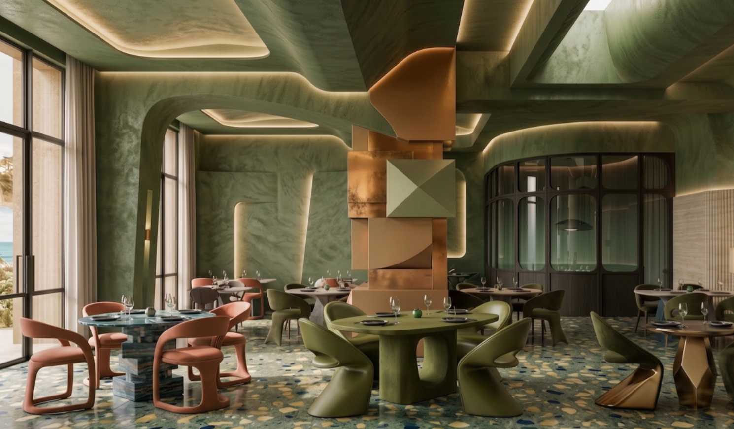 A modern rooftop pool with a person swimming is seen from below. Sunlight reflects on the water. Palm leaves frame the scene, conveying a tropical vibe.